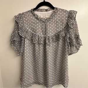 LOFT Brown Black Sheer Ruffle Blouse SZ S
